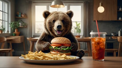 A cute baby bear eating a big burger at home. The expression has to be cute and happy. This creative picture is for a new product launch to post on social media.