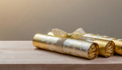 gold and cream Christmas crackers with bow on a wooden table with plain background
