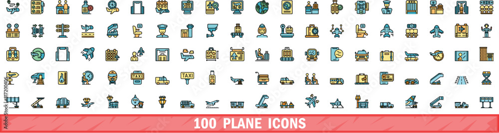 Poster 100 plane icons set. color line set of plane vector icons thin line color flat on white