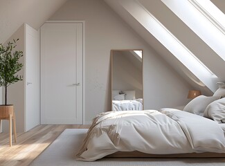 Modern small bedroom with bed, mirror and door in attic room of house