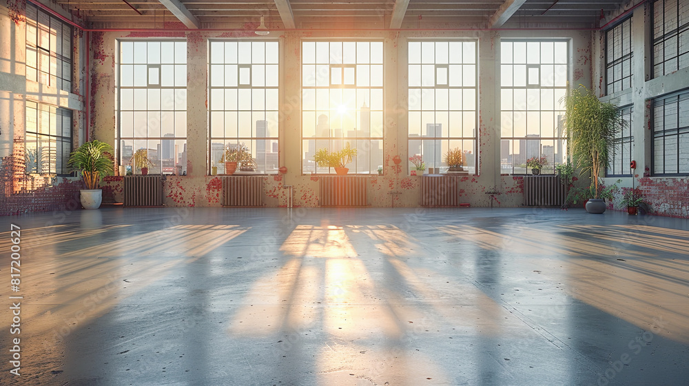 Poster Empty room with large windows and city view. 3D Rendering