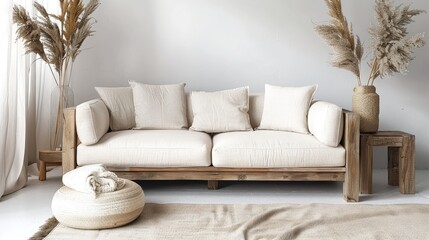 a Scandinavian-style interior mockup featuring a pristine white linen sofa adorned with plain cotton pillows, alongside a light wood end table.