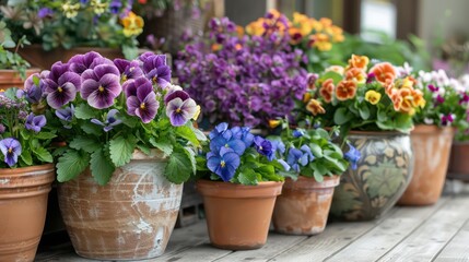 Fototapeta premium pots vibrant pansies and violets on an outdoor table