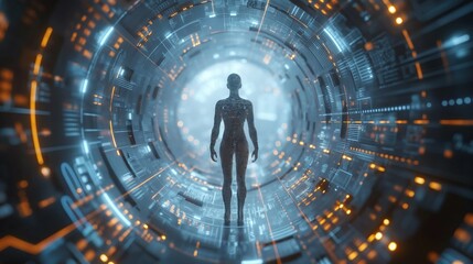 human silhouette with digital biohacking graphics and futuristic interface