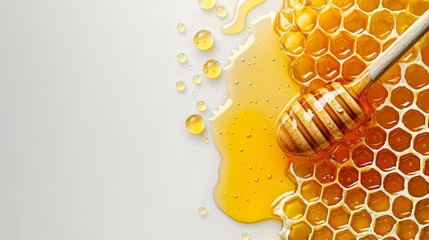 Elegant honey flow on comb, white backdrop, flat lay design with ample space for text