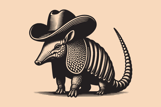 Cute armadillo in a cowboy hat. Beautiful vintage engraving vector illustration. Black outline	