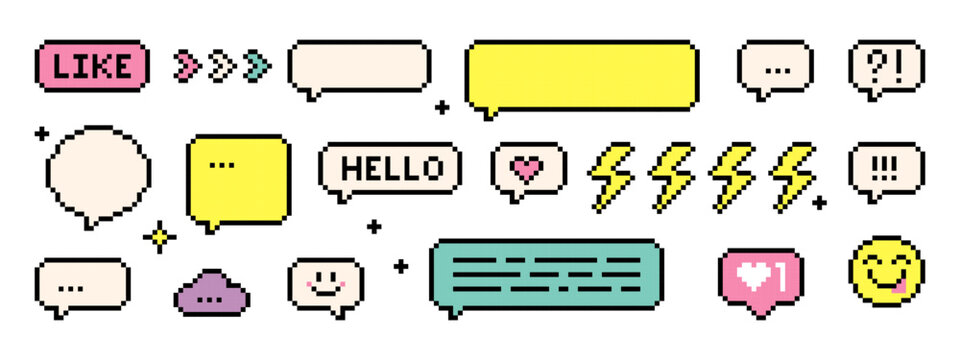 Collection of pixelated speech bubbles and elements. Pixel dialogue box set. 8-bit retro style vector illustration. White background