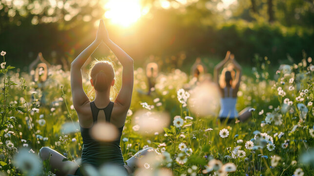 Group of people practicing yoga in a lush spring meadow filled with wildflowers, bathed in golden sunlight, capturing the essence of outdoor wellness, mindfulness, and the harmony of nature 