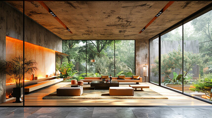 Fototapeta premium Interior of a modern living room with a panoramic view