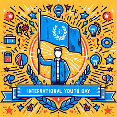 Flat Vector-style photo a young person holding the flag says happy international youth day.