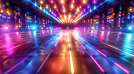 A dynamic dance floor illuminated by vibrant lights, capturing the essence of movement and energy as streaks of color traverse the frame. Generative AI.