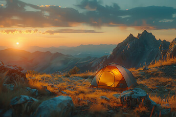 Capture the essence of futuristic technology merging with nature at eye level using unexpected camera angles Picture a holographic tent in the wilderness at sunset
