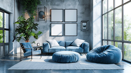Modern living room interior with blue sofa, coffee table and green plants. 3d rendering