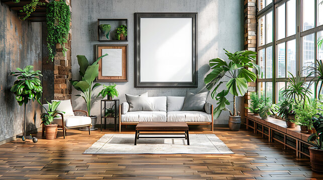 Mock up photo Frame frame in modern living room, 3D rendering