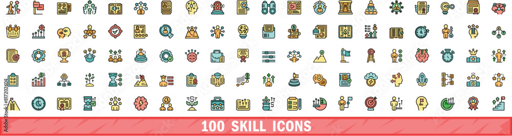 Aufkleber 100 skill icons set. color line set of skill vector icons thin line color flat on white