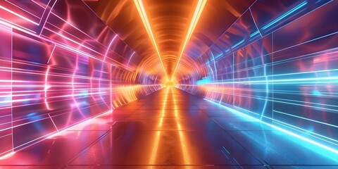 Neon geometric tunnel with futuristic laser lights in blue and pink. Concept Futuristic Lights, Neon Tunnel, Geometric, Blue and Pink, Laser Effects