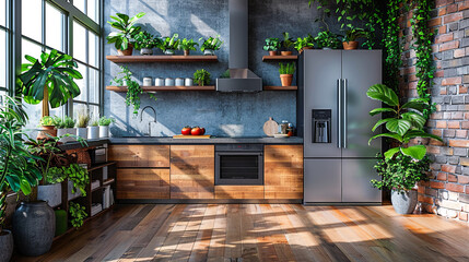 Modern kitchen interior design. 3d render illustration mockup. Interior design concept.