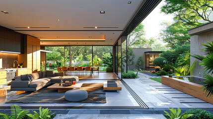 3d rendering of modern living room with garden view and beautiful landscaping
