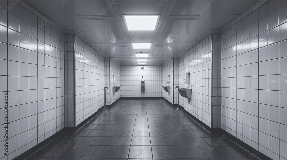 Poster 3d render of a corridor in an office building with tiled walls