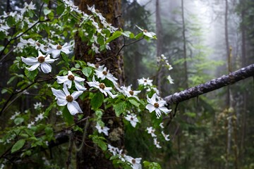 Dog wood flowers in rainforest in Washington State. USA