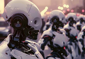 Exploring the impact of robotics on society and industry through artwork showcasing humanoid robots, industrial automation, and autonomous vehicles.