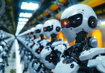 Fototapeta premium Exploring the impact of robotics on society and industry through artwork showcasing humanoid robots, industrial automation, and autonomous vehicles.