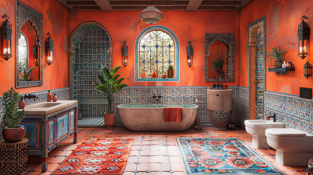 Interior of a bathroom in traditional moroccan style. 3D rendering