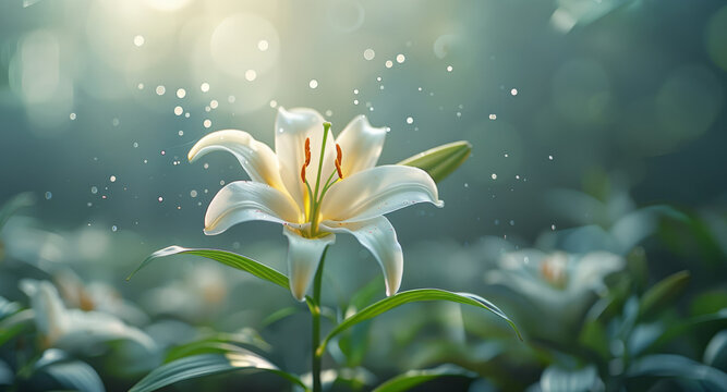 A single white lily, elegantly trembling in an enchanted garden, ethereal glow illuminating the petals. Generative AI.