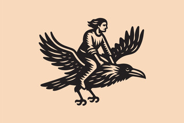 Crow Rider. A man rides a bird. Abstract vector illustration. Beautiful vintage engraving vector illustration. Black outline	