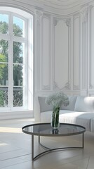 a living room flooded with pure white daylight, offering a serene and inviting atmosphere from an interior perspective.
