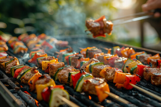 Diverse group of friends at a backyard barbecue, cooking skewers on a grill, with natural blurred background. AI generated.