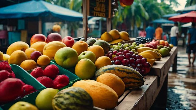 A fruit stand with a variety of fruits including apples, oranges