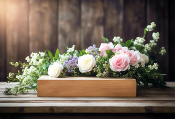 'flowers podium delicate elegant Rustic board wooden poduim dais stage pedestal table round mirror flower charming home decor setup interior design vintage style'