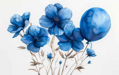 Collection of blue balloons, blue flowers.
