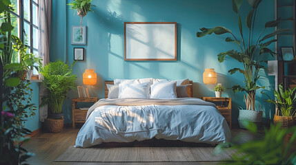 Interior of modern bedroom with blue walls, wooden floor, comfortable king size bed with white linen, green plants and mock up photo Frame frame. 3d rendering