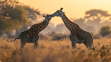Obraz premium two giraph fighting each other --ar 16:9 --v 6 Job ID: 9685b04b-0783-457c-9241-65b9e9b3b822