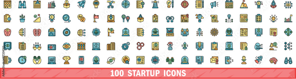Poster 100 startup icons set. color line set of startup vector icons thin line color flat on white