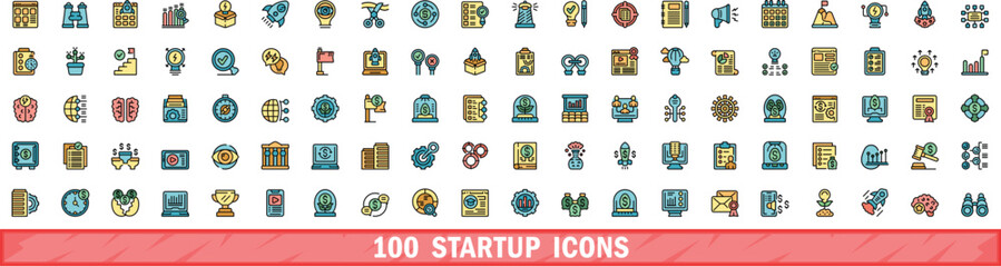 100 startup icons set. Color line set of startup vector icons thin line color flat on white