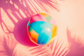 colorful inflatable ball on a pastel pink background