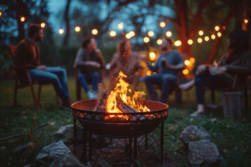 Evening backyard barbecue with friends gathered around a fire pit, roasting marshmallows and chatting. AI generated.