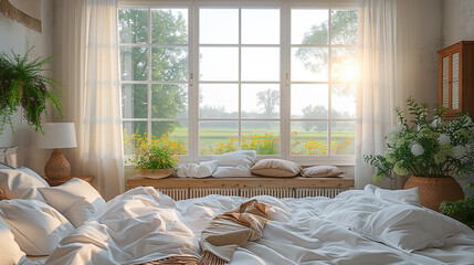 Comfortable bed with white linen and pillows in the morning sunlight