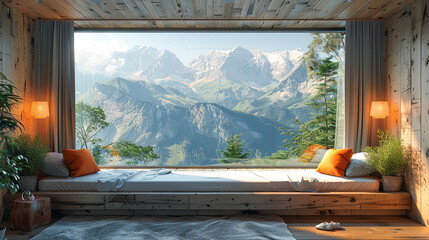 Interior of a wooden house with mountain view. 3d rendering