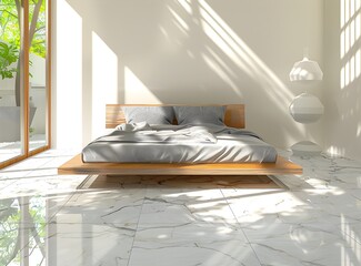Modern wooden bed with soft grey cushion on white marble floor in the style of modern bedroom interior design of villhome, sunlight and window background