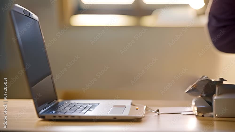 Poster robot working on laptop at table generative ai