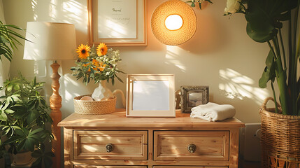 Wooden chest of drawers with photo frame and sunflowers in room