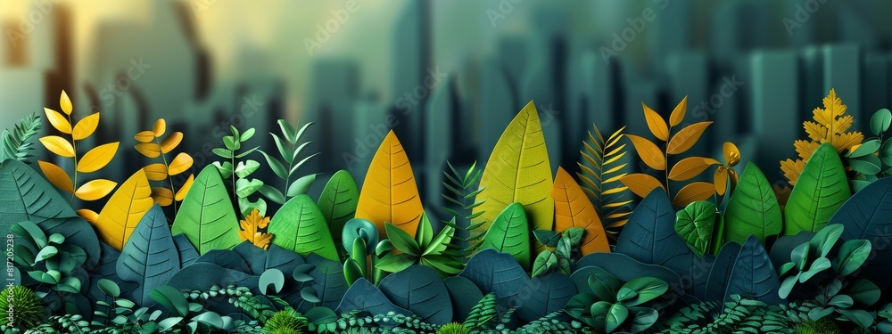 Poster a business landscape with competitive elements like graphs and charts, integrating green elements li