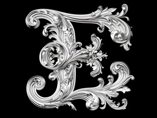 E letter, baroque sculptures scroll, black background
