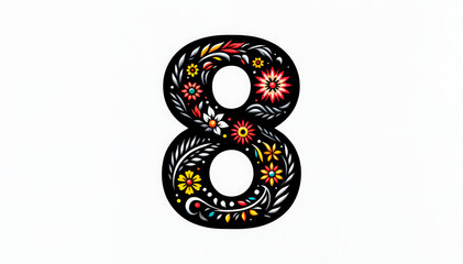 Number “8” with colorful floral designs on a white background. Ideal for events on the 8th, eighth birthdays, or anniversaries. Great for invitations, cards, and social media posts. copy space