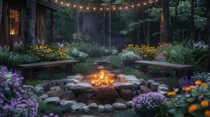 Rustic elegance fire pit garden at twilight, surrounded by wildflowers and aged wooden benches, soft glow of the fire illuminating faces and creating shadows, natural stone pit. Generative AI.