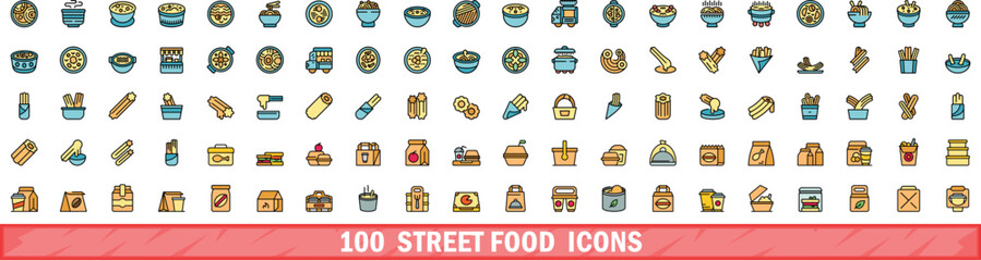 100 street food icons set. Color line set of street food vector icons thin line color flat on white